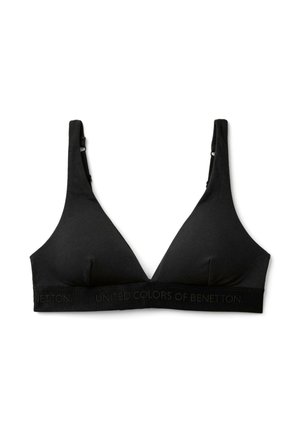 Bralette in cotone nero con forma triangolare, spalline regolabili e una fascia larga con testo del logo in rilievo lungo il fondo.