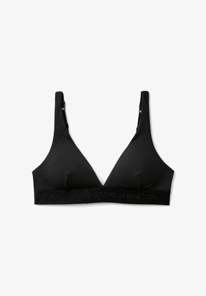 Bralette in cotone nero con forma triangolare, spalline regolabili e una fascia larga con testo del logo in rilievo lungo il fondo.