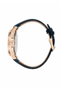 Orologio rosa oro con cassa rotonda, cinturino in pelle blu e quadrante argentato. Presenta pulsanti testurizzati e una chiusura a fibbia.