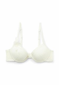 White lace underwire bra with padded cups, floral pattern, adjustable straps, and decorative trim along the edges. Hook closure at the back.