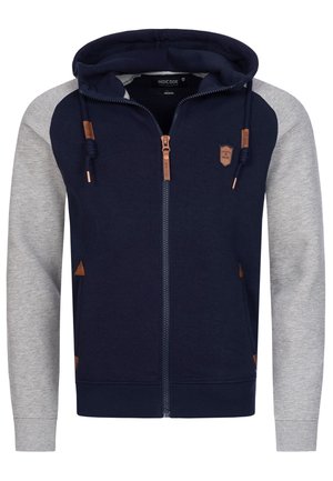 Marineblauwe en grijze rits hoodie met een trekkoordkap, contrasterende mouwen, leren accenten en zijzakken. Zachte, gestructureerde stof.