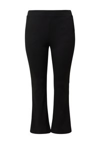 Schwarze, ausgestellte Hosen aus glattem, dehnbarem Stoff. Sie verfügen über ein klares Design mit einem breiten Bund und ohne sichtbare Taschen.