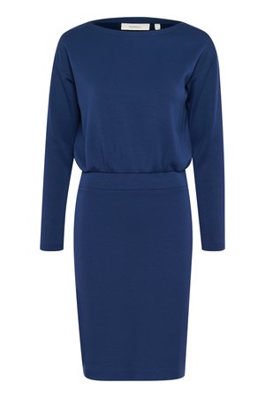 Robe bleu marine à manches longues avec un col rond et une taille cintrée qui se prolonge en une jupe droite. Texture douce et lisse.