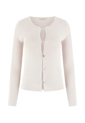 Hellrosa gerippte Strickjacke mit langen Ärmeln, rundem Ausschnitt und Knopfverschluss. Verziert mit goldenen Knöpfen und einem strukturierten Strickmuster.