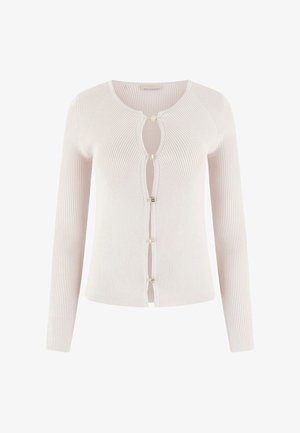 Hellrosa gerippte Strickjacke mit langen Ärmeln, rundem Ausschnitt und Knopfverschluss. Verziert mit goldenen Knöpfen und einem strukturierten Strickmuster.