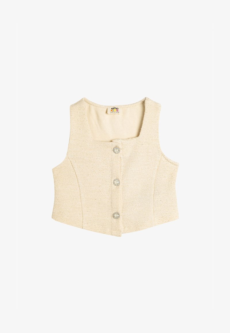 Beige Weste mit quadratischem Ausschnitt, drei Knopfverschluss, strukturiertem Stoff und subtiler glänzender Oberfläche. Ohne Ärmel, taillierte Passform.
