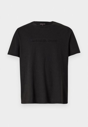 Schwarzes Baumwoll-T-Shirt mit kurzen Ärmeln, das ein dezent geprägtes "MICHAEL KORS"-Logo auf der Brust und einen klassischen Rundhalsausschnitt aufweist.