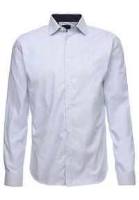 Ljusblå och vit randig skjorta med klassisk krage, långa ärmar, knappframsida och rundade manschetter. Slät tygtextur.