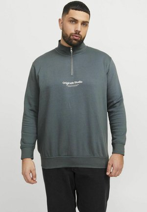 Gray, zippered sweatshirt with long sleeves, ribbed cuffs, and a logo print in white on the chest. Fabric appears soft and smooth.