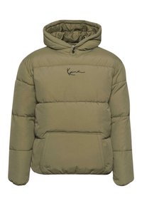 Grüne Pufferjacke mit Kapuze, ausgestattet mit einer Kängurutasche, elastischen Bündchen und einem schwarzen Signatur-Logo über der Brust.