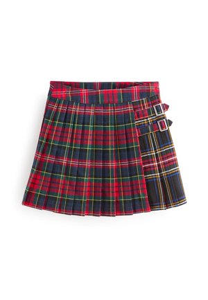 Kilt en tartan avec des motifs rouges, verts et bleus. Comprend des plis, une ceinture plate et des accents à double boucle sur le côté droit.