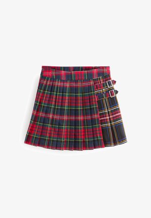 Kilt en tartan avec des motifs rouges, verts et bleus. Comprend des plis, une ceinture plate et des accents à double boucle sur le côté droit.