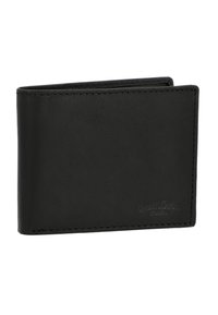 Portefeuille bifold en cuir noir avec un logo embossé discret dans le coin inférieur droit, présenté fermé sur un fond blanc.