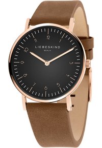 Runde Uhr mit schwarzem Ziffernblatt, Roségold-Akzenten und braunem Lederarmband. Minimalistisches Design mit klaren Stundenmarkierungen und einem einfachen Verschluss.