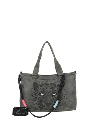 Grau Wildleder-Handtasche mit einem Leoparden-Gesicht-Design, zwei Griffen, abnehmbarem Schultergurt und bunten Akzenten in Pink und Blau.