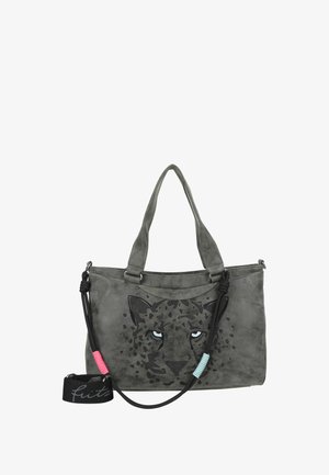 Gray suede handbag with a leopard face design, dual handles, detachable strap, and colorful accents in pink and blue.