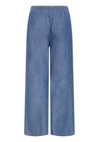 Wijduitlopende denim broeken in lichtblauw. Voorzien van een elastische tailleband en twee achterzakken met een soepele textuur. Eenvoudig, minimalistisch ontwerp.