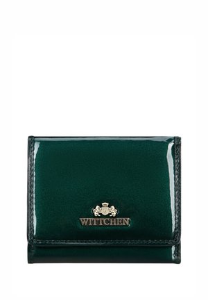 Green patent leather wallet with a smooth texture, featuring a gold logo accent, and a fold-over design with stitched edges.