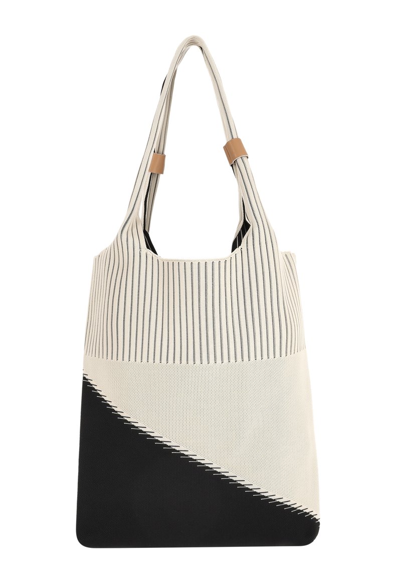 Katoenen draagtas met verticale blauwe strepen op crèmekleurige achtergrond, voorzien van een diagonale zwarte sectie. Zacht gestructureerde stof en dubbele tan handvatten.