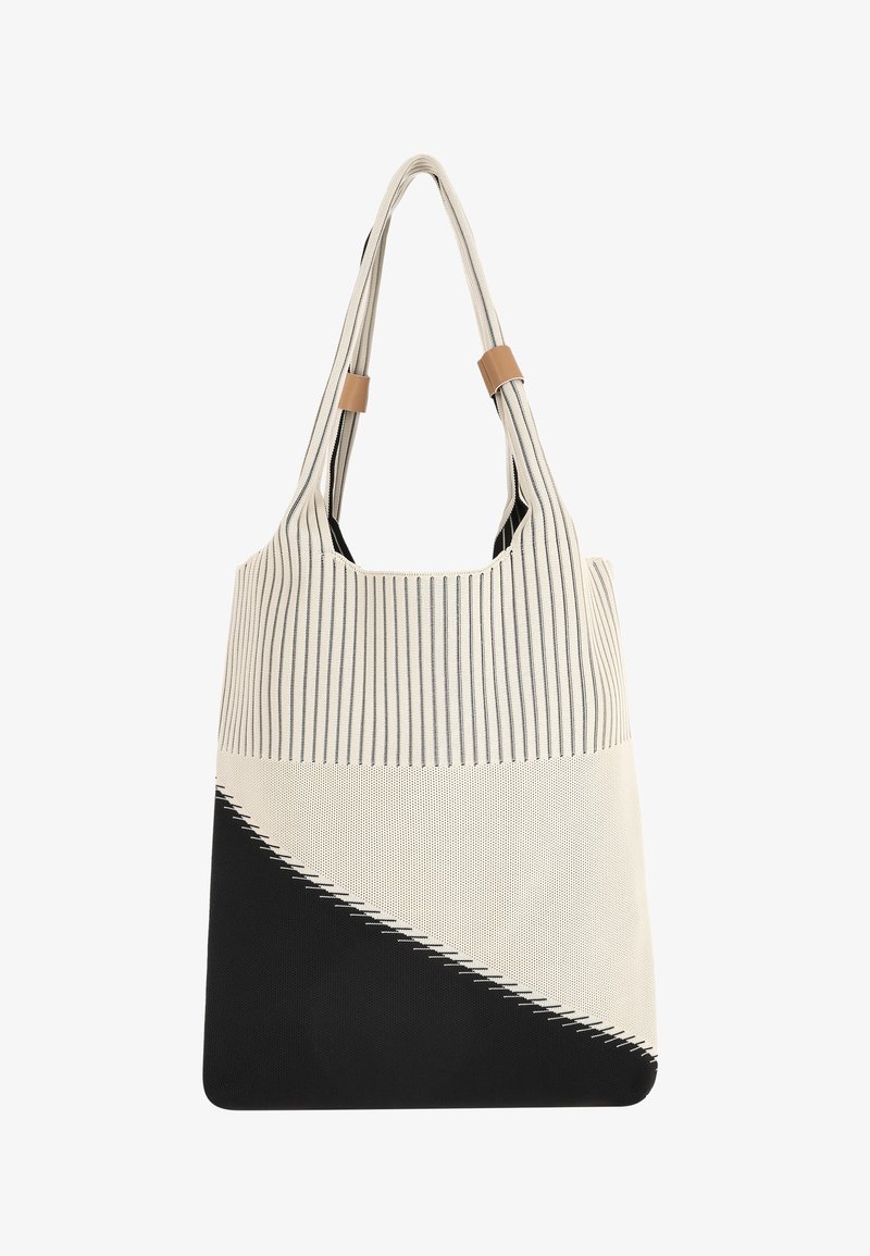 Katoenen draagtas met verticale blauwe strepen op crèmekleurige achtergrond, voorzien van een diagonale zwarte sectie. Zacht gestructureerde stof en dubbele tan handvatten.