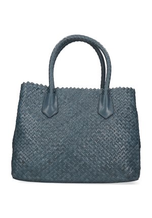 Mørkegrå vævet lædertaske med to afrundede håndtag og en bølget kant øverst.