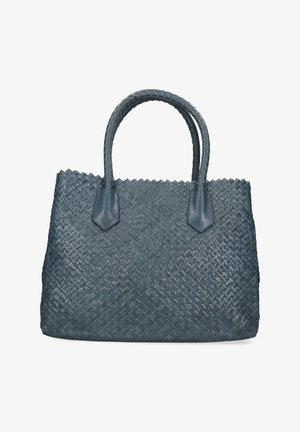 Donkergrijze, geweven leren totebag met twee afgeronde handvatten en een gegolfde rand bovenaan.
