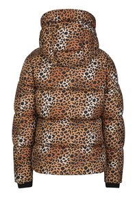 Kapuzenshirt mit Leopardenmuster, gesteppten Abschnitten und schwarzen, umgeschlagenen Ärmeln, von hinten betrachtet.