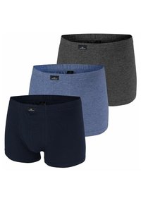 Drie paar boxershorts in marineblauw, blauw en grijs. Gemaakt van zachte stof met elastische taillebanden en labeldetails aan de voorkant.