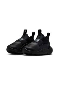 Chaussures de sport noires avec tige en maille, bande élastique et col rembourré. Elles présentent une semelle en caoutchouc et un logo réfléchissant sur le côté.