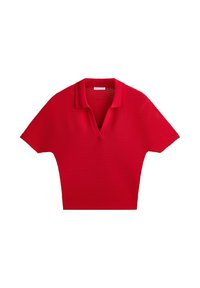Haut en maille rouge à manches courtes avec col ouvert et motif texturé ajouré, doté d’une ceinture côtelée ajustée.