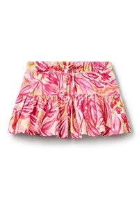 Gonna a pantaloncino a tinta unita rosa e gialla con design svasato, vita elasticizzata e rouches a strati. Realizzata in tessuto leggero con motivo tropicale.