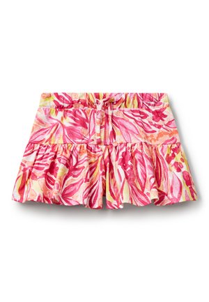 Gonna a pantaloncino a tinta unita rosa e gialla con design svasato, vita elasticizzata e rouches a strati. Realizzata in tessuto leggero con motivo tropicale.