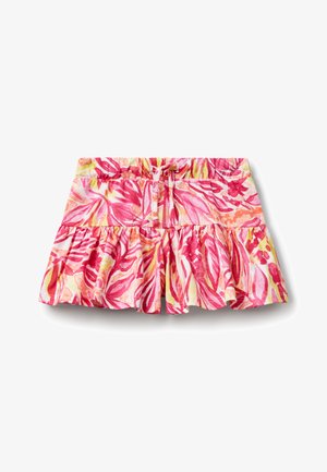 Gonna a pantaloncino a tinta unita rosa e gialla con design svasato, vita elasticizzata e rouches a strati. Realizzata in tessuto leggero con motivo tropicale.