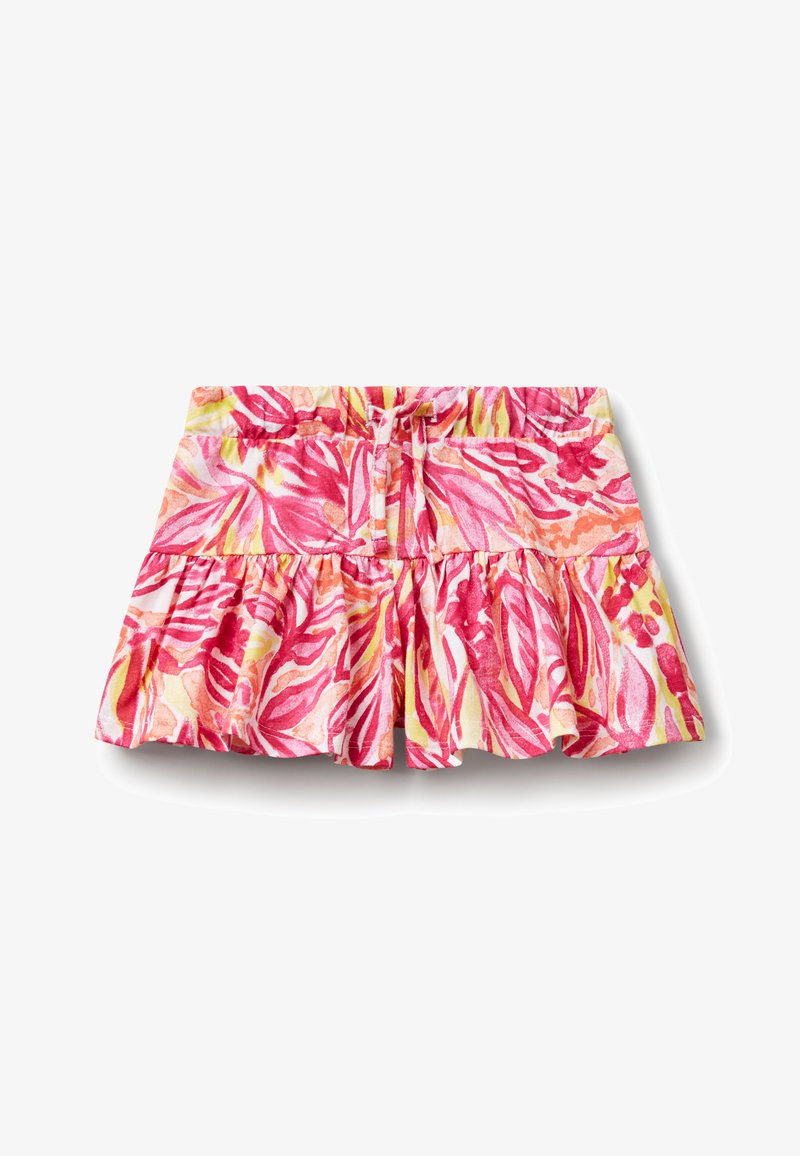 Gonna a pantaloncino a tinta unita rosa e gialla con design svasato, vita elasticizzata e rouches a strati. Realizzata in tessuto leggero con motivo tropicale.