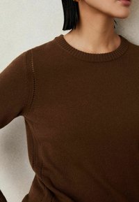 Un primer plano de una persona que lleva un suéter marrón con cuello redondo, que muestra una textura suave y costuras impecables contra un fondo claro.