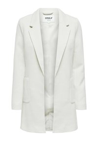 Witte, gestructureerde blazer met een reverskraag, open voorkant en twee voorzakken. Het visgraatpatroon voegt een subtiele detail toe.