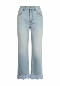 Jeans in denim azzurro chiaro con vita alta, design a gamba dritta e rifinitura in pizzo floreale all'orlo. Texture strappata su tutta la superficie.