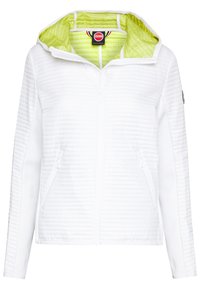 Vit zip-up jacka med en texturerad yta och grön innerfoder. Har en huva och sidofickor med släta tygdetaljer.