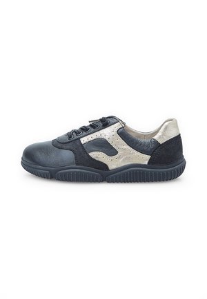 Black and silver athletic shoe with a textured leather upper, contrasting suede panels, and a rubber sole; features lace-up design and perforations.