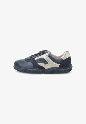 Black and silver athletic shoe with a textured leather upper, contrasting suede panels, and a rubber sole; features lace-up design and perforations.