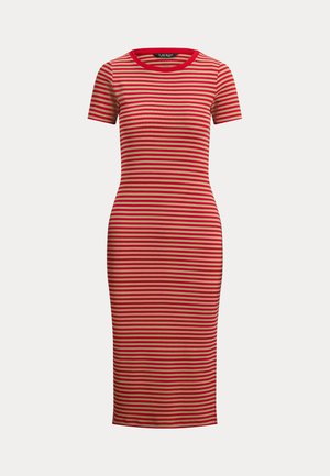 Midi φόρεμα με κόκκινες και μπεζ ρίγες, κατασκευασμένο από ελαστικό βαμβάκι. Διαθέτει κοντά μανίκια και στρογγυλή λαιμόκοψη με εφαρμοστή σιλουέτα.