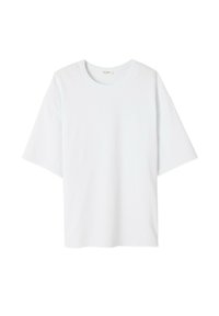 White short-sleeve t-shirt with a crew neckline, made from smooth cotton fabric. Features a relaxed fit and clean edges. No patterns or accents.