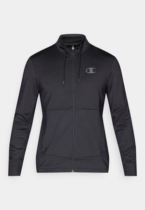 Schwarze sportliche Zip-Jacke mit hohem Kragen, Kordelzugkapuze und seitlichen Taschen. Glattes Material mit einem dezenten Glanz und Logo-Detail.