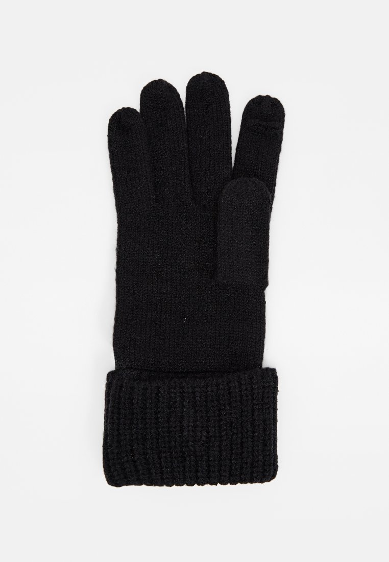 Czarne wełniane rękawiczki z pięciopalczastym wzorem, prążkowanym mankietem, miękką teksturą i bezszwową konstrukcją. Brak widocznych logo lub wzorów.