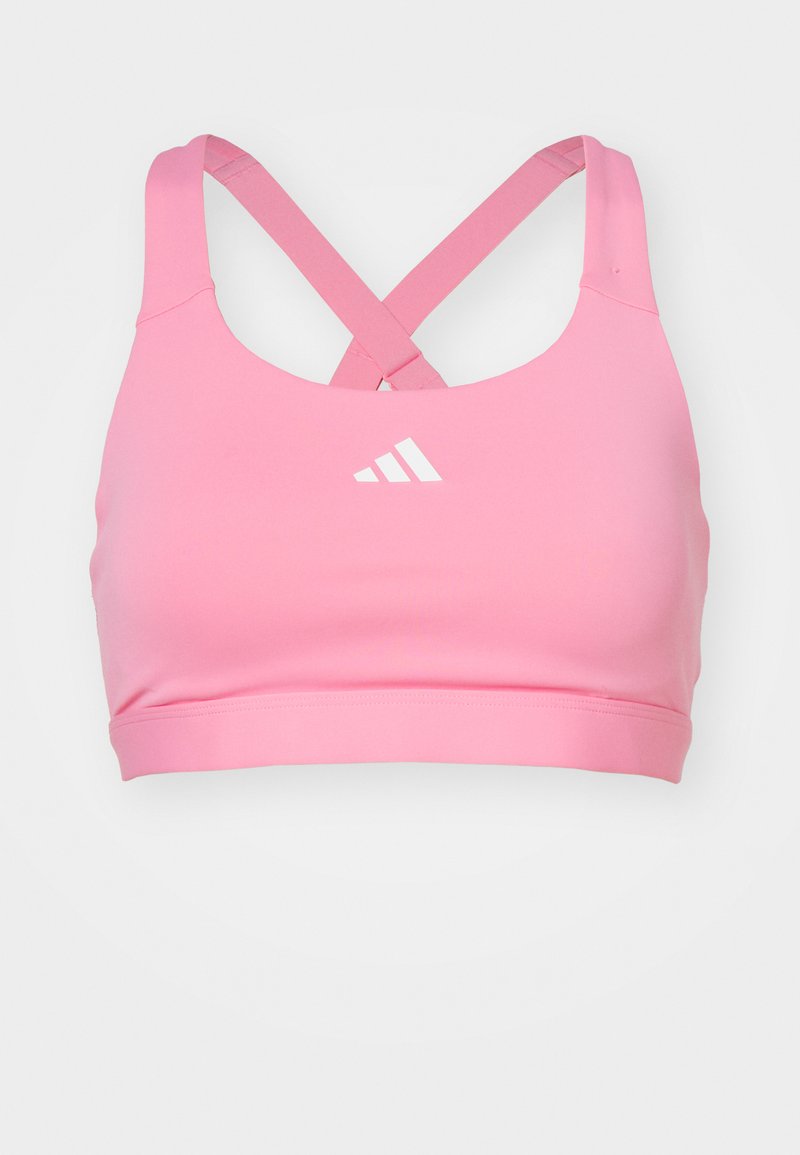 Rosa Sport-BH aus glattem Material, mit ärmellosem Design, breiten Trägern und gekreuztem Rücken. Weißes Logo ziert die Vorderseite.