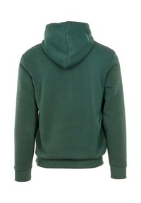 Felpa verde con una texture liscia, maniche lunghe, una tasca a marsupio e un cappuccio con cordino sul retro, progettata per un abbigliamento informale.