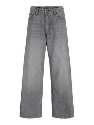 Szare dżinsy z szerokimi nogawkami, z przodu zapinane na guziki i suwak, z szlufkami na pasek oraz kieszeniami z przodu i z tyłu.