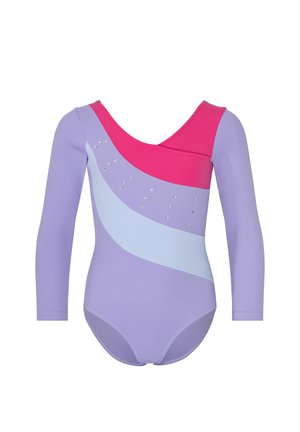 Langärmeliges lila Trikot mit rosa und hellblauen diagonalen Einsätzen und kleinen dekorativen Strasssteinen auf der Brust.