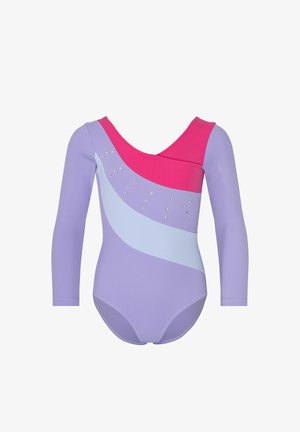 Langärmeliges lila Trikot mit rosa und hellblauen diagonalen Einsätzen und kleinen dekorativen Strasssteinen auf der Brust.