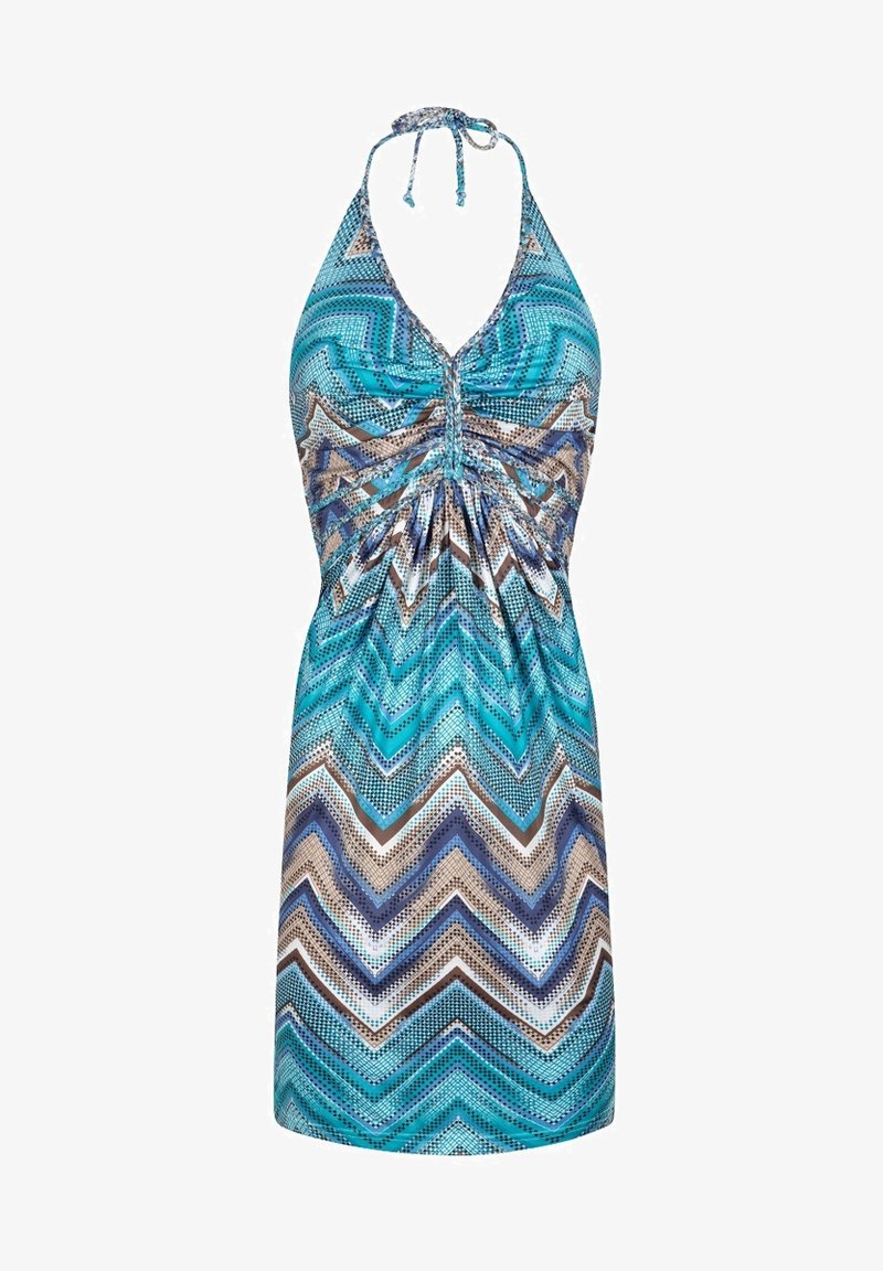 Une robe sans manches avec un col halter. Elle présente un motif en chevrons dans des teintes de teal, marron et blanc. Le tissu froncé au niveau de la poitrine ajoute de la texture.